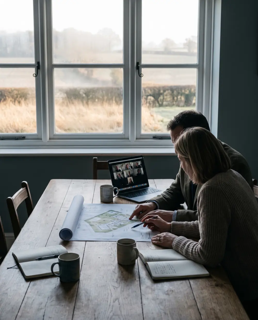 Two people at a farmhouse kitchen table with a site plan, notebooks and a laptop for the live call.