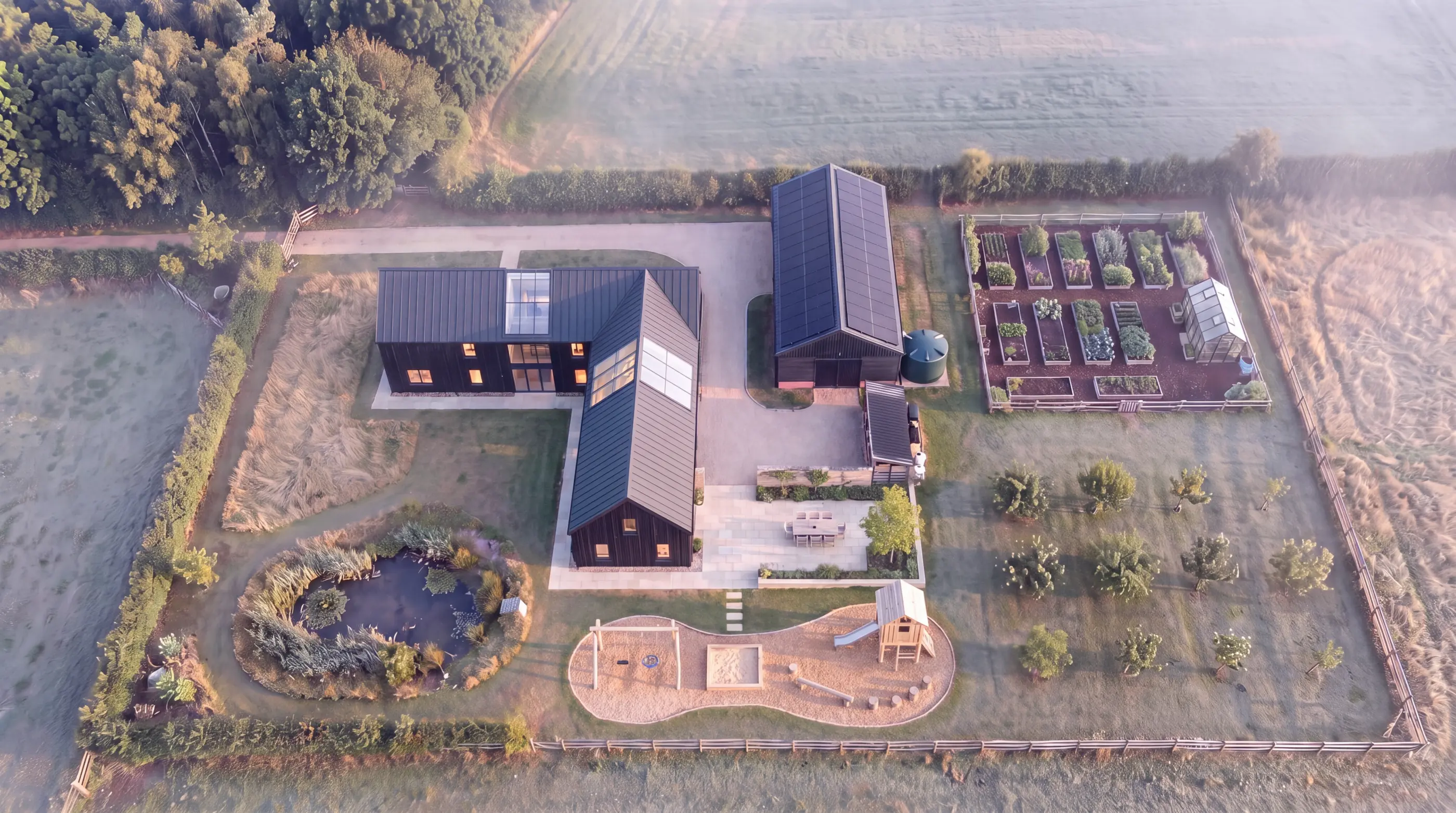 Aerial view of a farm from above: large main house with glass roof and terrace, a wooden playground below it, barn with a solar roof, kitchen garden with greenhouse, orchard, pond, meadow and driveway, surrounded by hedge and fence.