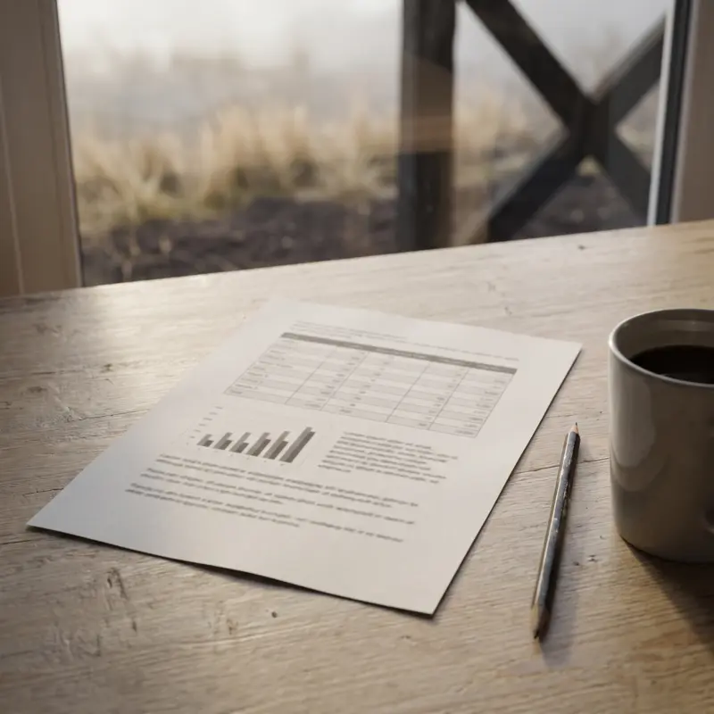 A one-page decision paper with a table and chart on a wooden table.