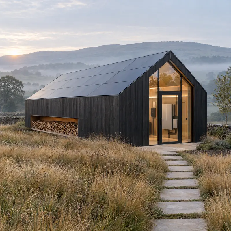 Modern dark timber barn with a solar roof and a glazed gable revealing a technical room with battery storage, firewood stacked in a niche in the façade.