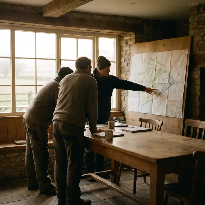 Three people in a farmhouse kitchen discussing a site plan on the wall.