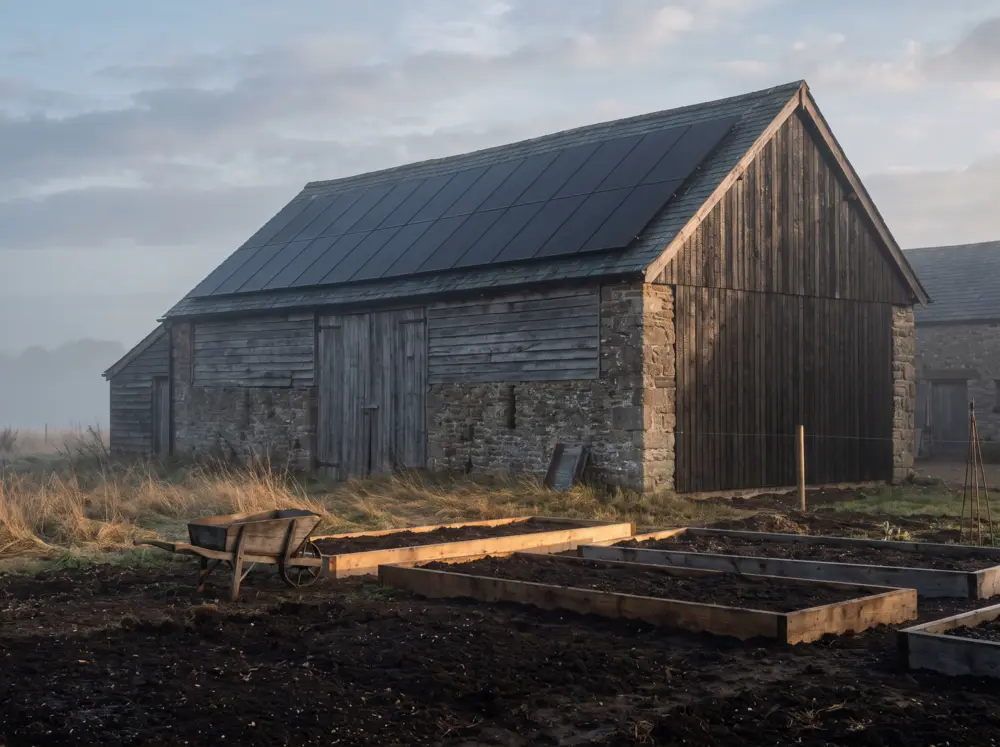 Old stone and timber farm with a new solar roof and freshly laid-out beds.